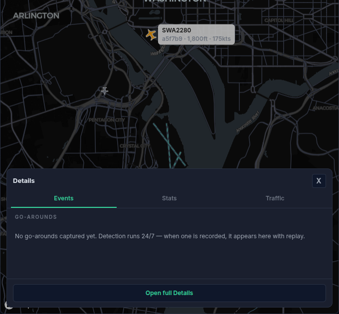 Details overlay open over the live map